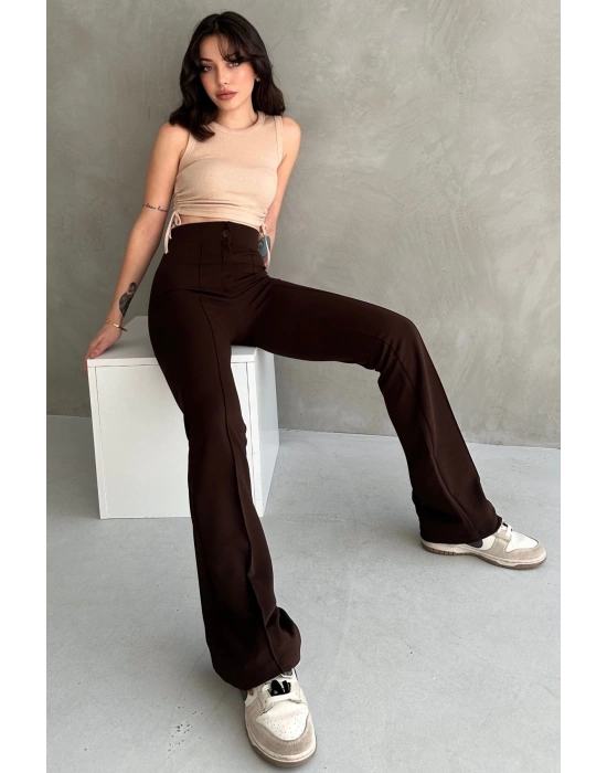 Kadın Kahverengi Yüksek Bel Toparlayıcı Ispanyol Paça Pantolon