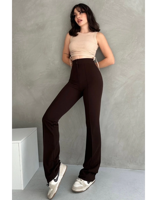 Kadın Kahverengi Yüksek Bel Toparlayıcı Ispanyol Paça Pantolon