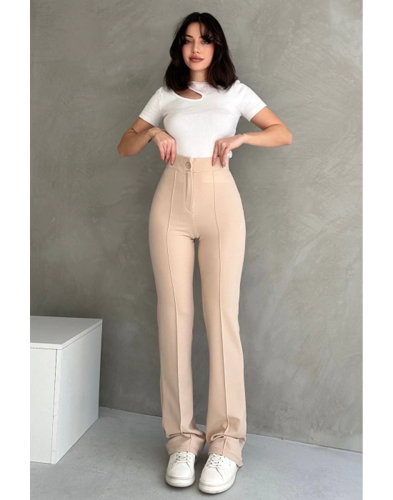 Kadın Krem Yüksek Bel Toparlayıcı Ispanyol Paça Pantolon
