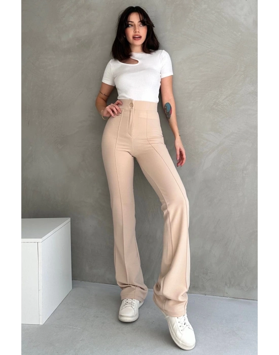 Kadın Krem Yüksek Bel Toparlayıcı Ispanyol Paça Pantolon