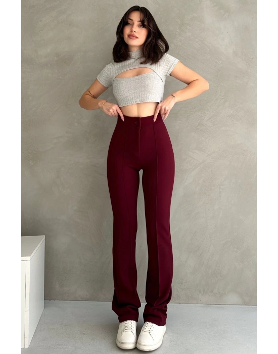 Kadın Bordo Yüksek Bel Toparlayıcı Ispanyol Paça Pantolon