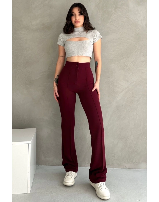 Kadın Bordo Yüksek Bel Toparlayıcı Ispanyol Paça Pantolon