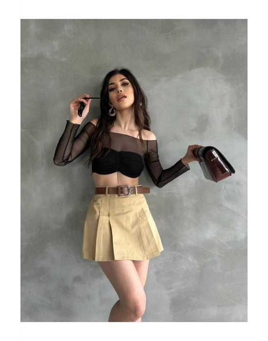 Kadın Bej Piliseli Kemerli Mini Şortlu Etek