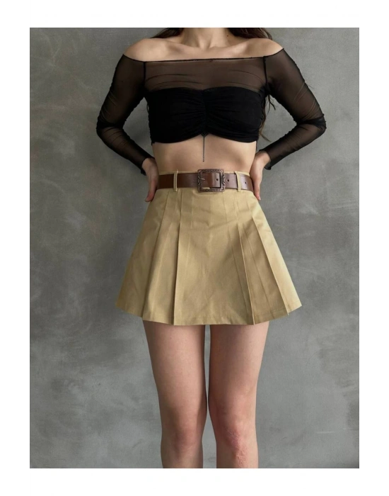 Kadın Bej Piliseli Kemerli Mini Şortlu Etek