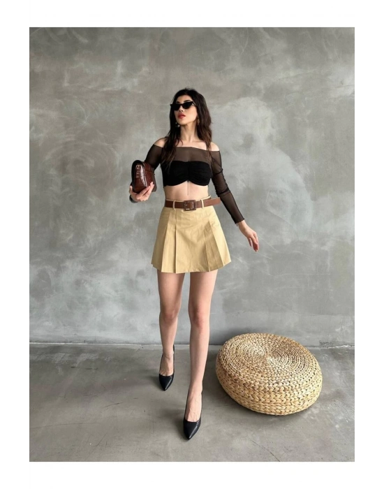 Kadın Bej Piliseli Kemerli Mini Şortlu Etek