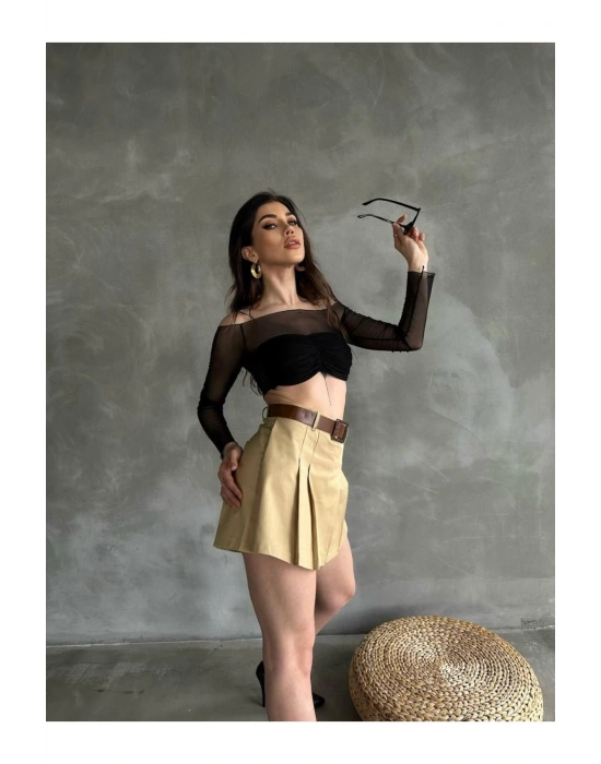 Kadın Bej Piliseli Kemerli Mini Şortlu Etek