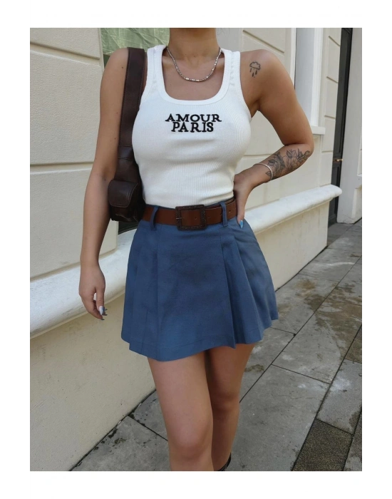 Kadın Mavi Piliseli Kemerli Mini Şortlu Etek