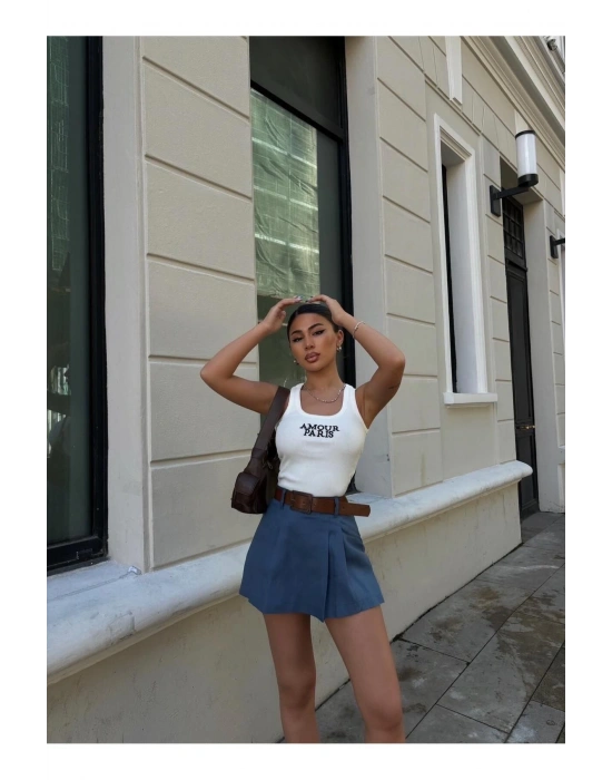 Kadın Mavi Piliseli Kemerli Mini Şortlu Etek