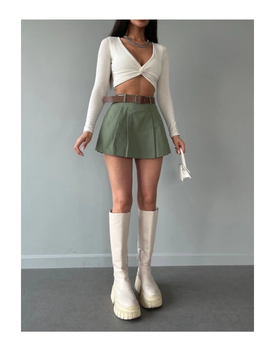 Kadın Haki Piliseli Kemerli Mini Şortlu Etek