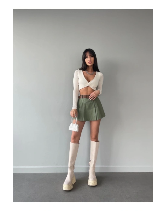 Kadın Haki Piliseli Kemerli Mini Şortlu Etek