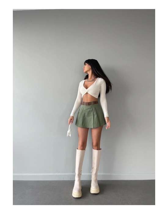 Kadın Haki Piliseli Kemerli Mini Şortlu Etek