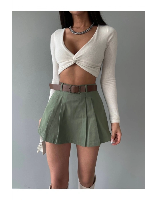 Kadın Haki Piliseli Kemerli Mini Şortlu Etek