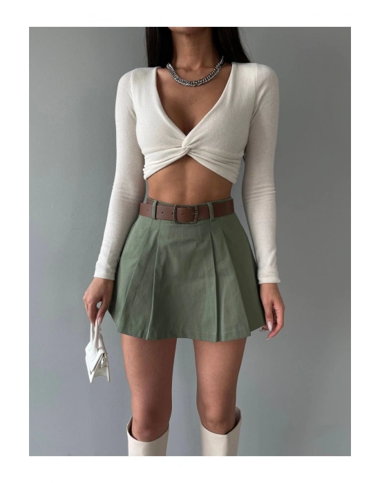 Kadın Haki Piliseli Kemerli Mini Şortlu Etek