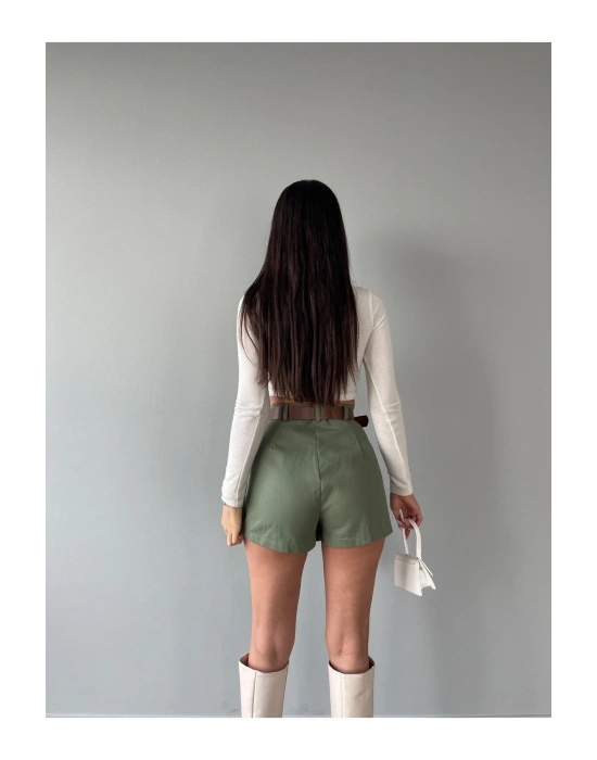 Kadın Haki Piliseli Kemerli Mini Şortlu Etek