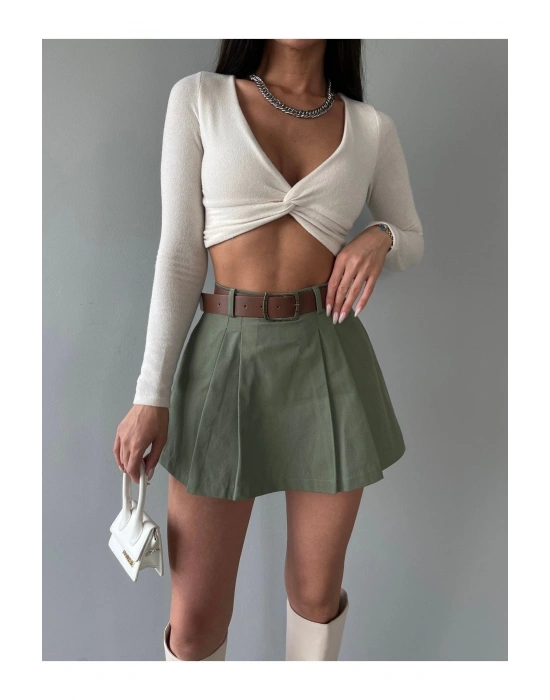 Kadın Haki Piliseli Kemerli Mini Şortlu Etek