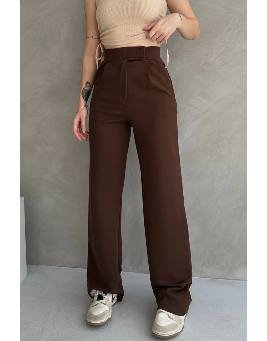 Kadın Kahverengi Yüksek Bel Krep Kumaş Likralı Rahat Kesim Cırtlı Palazzo Pantolon