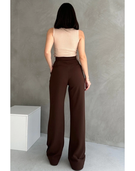 Kadın Kahverengi Yüksek Bel Krep Kumaş Likralı Rahat Kesim Cırtlı Palazzo Pantolon
