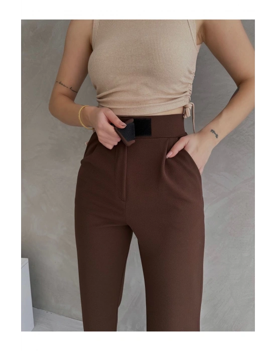 Kadın Kahverengi Yüksek Bel Krep Kumaş Likralı Rahat Kesim Cırtlı Palazzo Pantolon