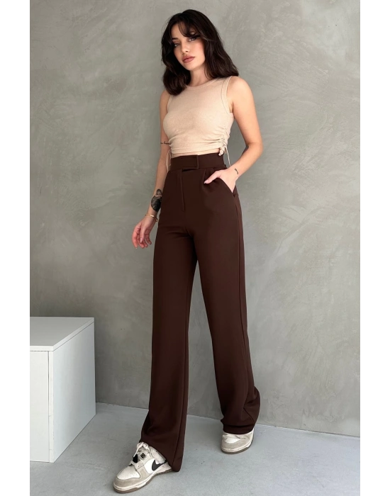 Kadın Kahverengi Yüksek Bel Krep Kumaş Likralı Rahat Kesim Cırtlı Palazzo Pantolon