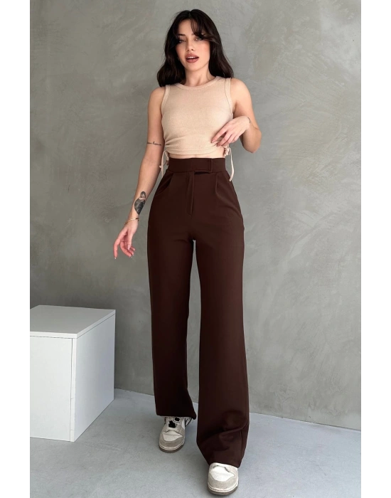 Kadın Kahverengi Yüksek Bel Krep Kumaş Likralı Rahat Kesim Cırtlı Palazzo Pantolon