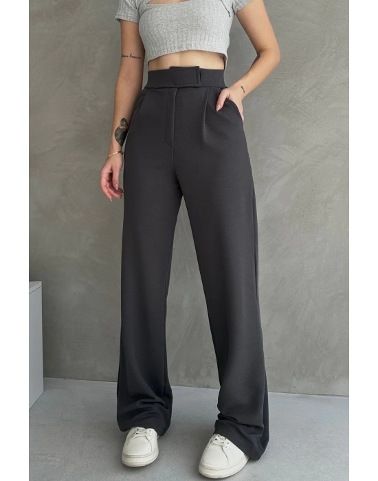 Kadın Antrasit Yüksek Bel Krep Kumaş Likralı Rahat Kesim Cırtlı Palazzo Pantolon