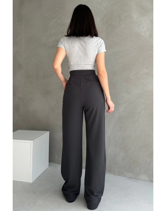 Kadın Antrasit Yüksek Bel Krep Kumaş Likralı Rahat Kesim Cırtlı Palazzo Pantolon