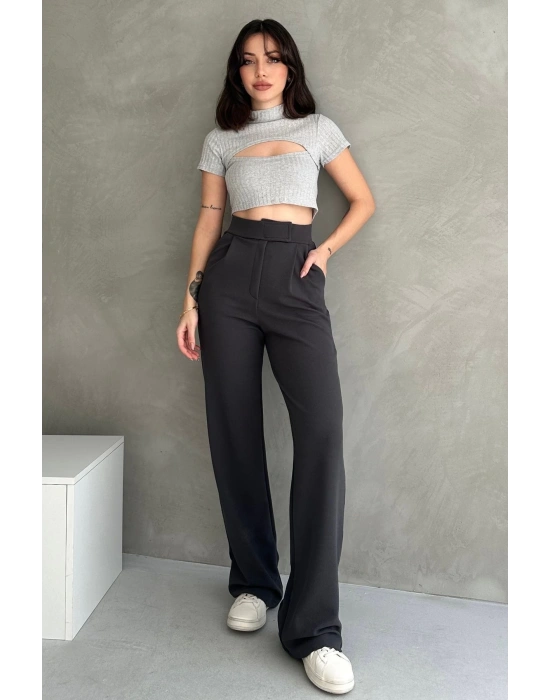 Kadın Antrasit Yüksek Bel Krep Kumaş Likralı Rahat Kesim Cırtlı Palazzo Pantolon