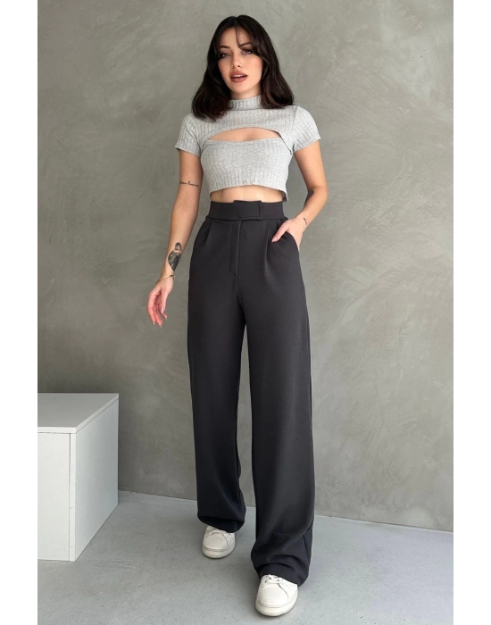 Kadın Antrasit Yüksek Bel Krep Kumaş Likralı Rahat Kesim Cırtlı Palazzo Pantolon