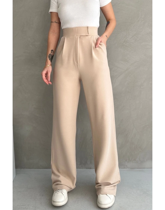 Kadın Bej Yüksek Bel Krep Kumaş Likralı Rahat Kesim Cırtlı Palazzo Pantolon