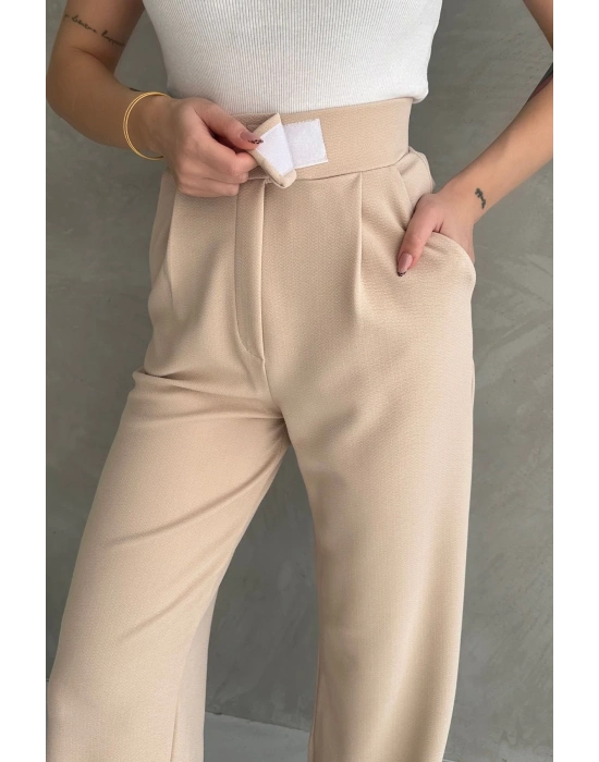 Kadın Bej Yüksek Bel Krep Kumaş Likralı Rahat Kesim Cırtlı Palazzo Pantolon