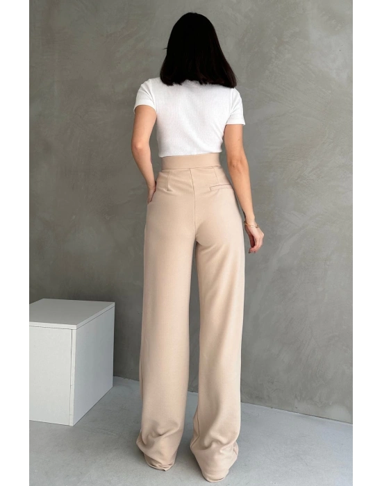 Kadın Bej Yüksek Bel Krep Kumaş Likralı Rahat Kesim Cırtlı Palazzo Pantolon