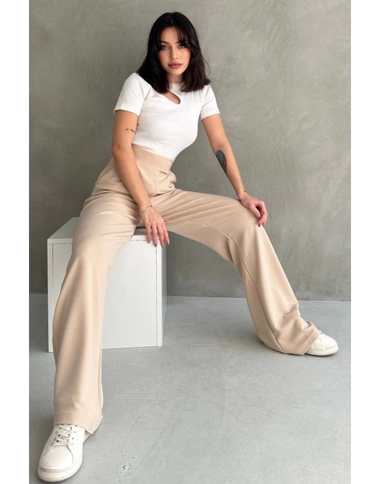 Kadın Bej Yüksek Bel Krep Kumaş Likralı Rahat Kesim Cırtlı Palazzo Pantolon