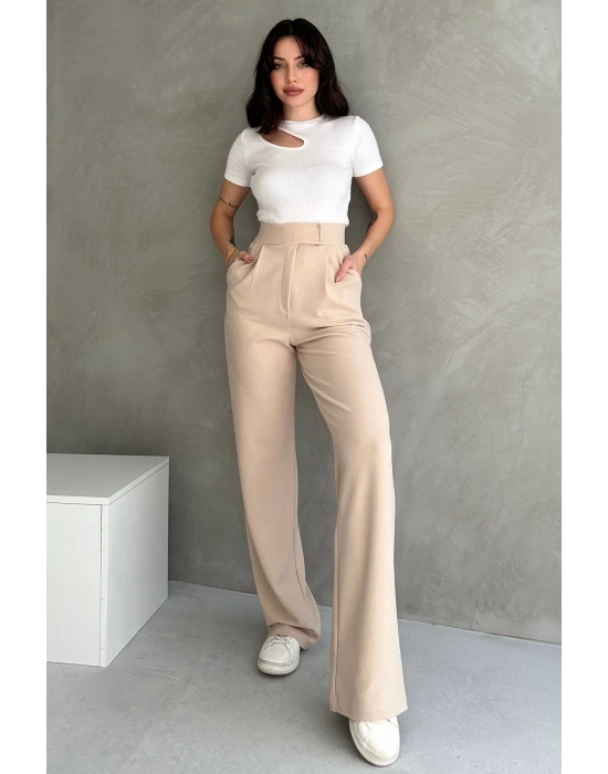 Kadın Bej Yüksek Bel Krep Kumaş Likralı Rahat Kesim Cırtlı Palazzo Pantolon