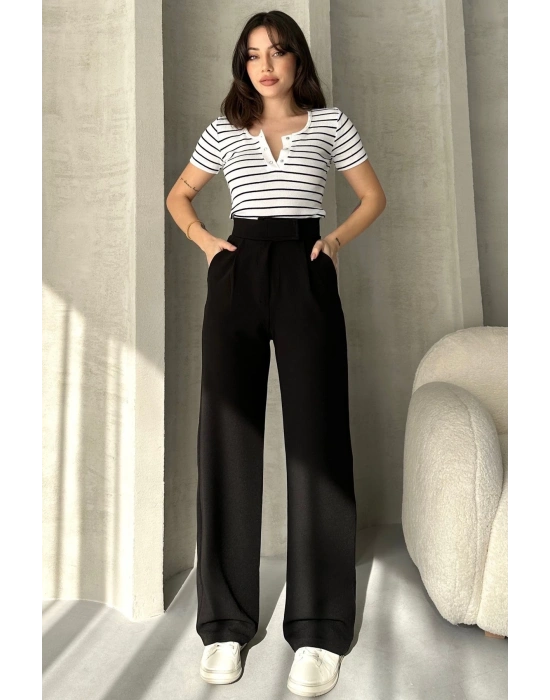Kadın Siyah Yüksek Bel Krep Kumaş Likralı Rahat Kesim Cırtlı Palazzo Pantolon