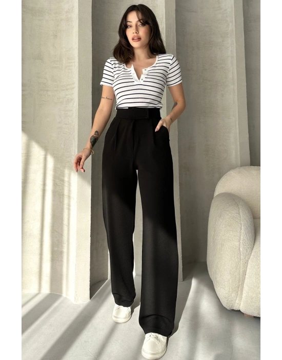 Kadın Siyah Yüksek Bel Krep Kumaş Likralı Rahat Kesim Cırtlı Palazzo Pantolon