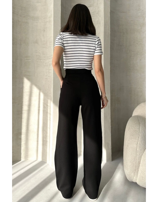 Kadın Siyah Yüksek Bel Krep Kumaş Likralı Rahat Kesim Cırtlı Palazzo Pantolon