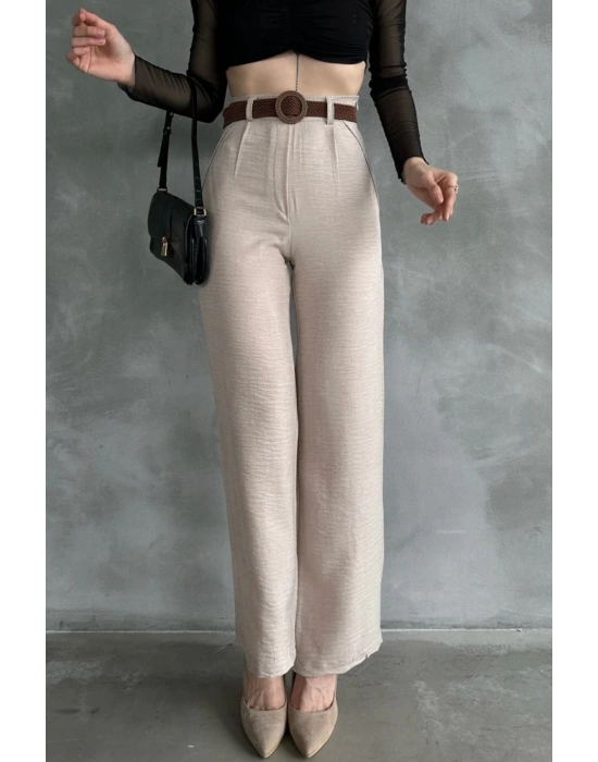 Kadın Bej Yüksek Bel Keten Kumaş Rahat Kesim Örgü Kemerli Palazzo Pantolon