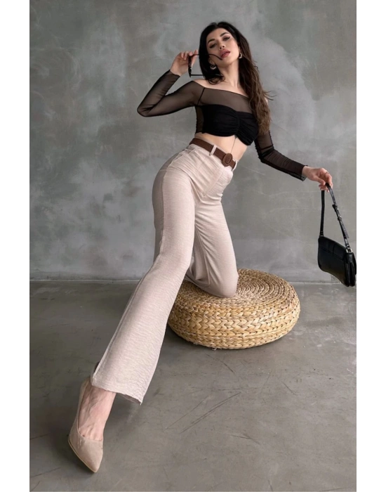 Kadın Bej Yüksek Bel Keten Kumaş Rahat Kesim Örgü Kemerli Palazzo Pantolon