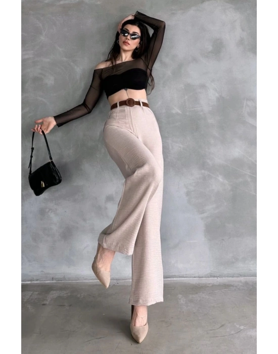 Kadın Bej Yüksek Bel Keten Kumaş Rahat Kesim Örgü Kemerli Palazzo Pantolon