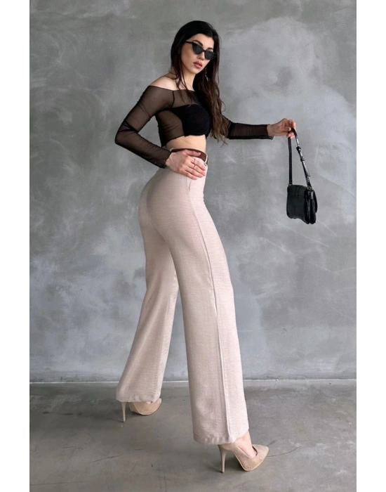 Kadın Bej Yüksek Bel Keten Kumaş Rahat Kesim Örgü Kemerli Palazzo Pantolon