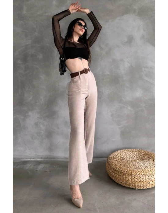 Kadın Bej Yüksek Bel Keten Kumaş Rahat Kesim Örgü Kemerli Palazzo Pantolon