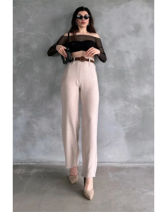 Kadın Bej Yüksek Bel Keten Kumaş Rahat Kesim Örgü Kemerli Palazzo Pantolon