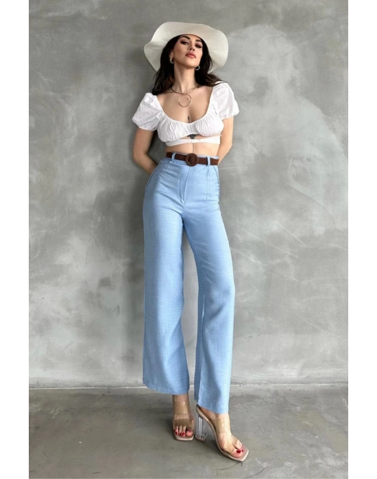 Kadın Mavi Yüksek Bel Keten Kumaş Rahat Kesim Örgü Kemerli Palazzo Pantolon