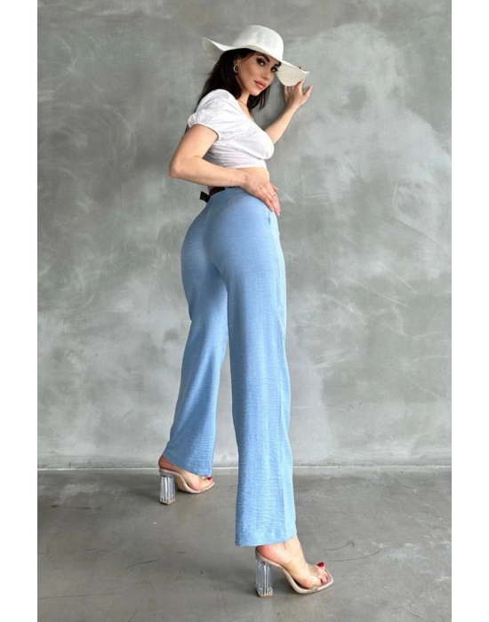 Kadın Mavi Yüksek Bel Keten Kumaş Rahat Kesim Örgü Kemerli Palazzo Pantolon