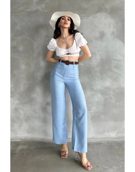 Kadın Mavi Yüksek Bel Keten Kumaş Rahat Kesim Örgü Kemerli Palazzo Pantolon