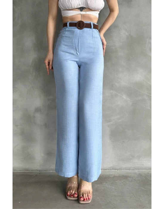 Kadın Mavi Yüksek Bel Keten Kumaş Rahat Kesim Örgü Kemerli Palazzo Pantolon