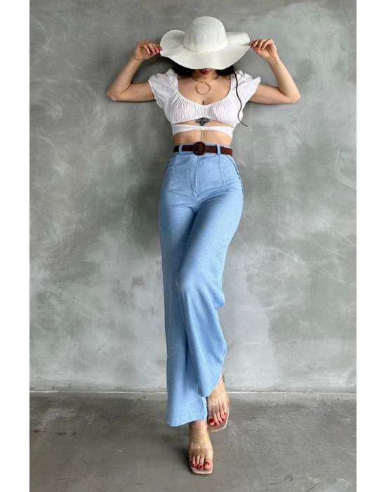 Kadın Mavi Yüksek Bel Keten Kumaş Rahat Kesim Örgü Kemerli Palazzo Pantolon