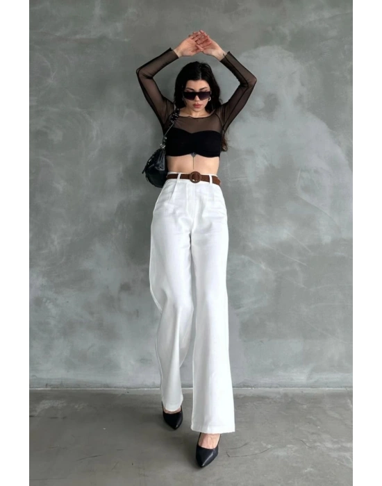 Kadın Beyaz Yüksek Bel Keten Kumaş Rahat Kesim Örgü Kemerli Palazzo Pantolon