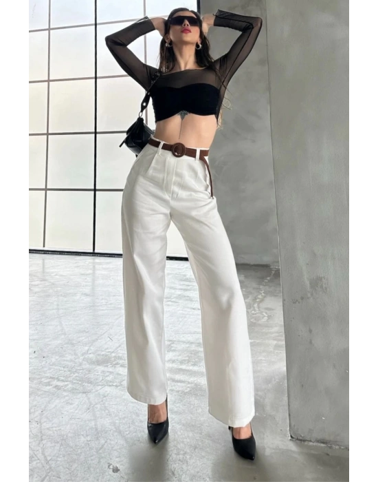Kadın Beyaz Yüksek Bel Keten Kumaş Rahat Kesim Örgü Kemerli Palazzo Pantolon