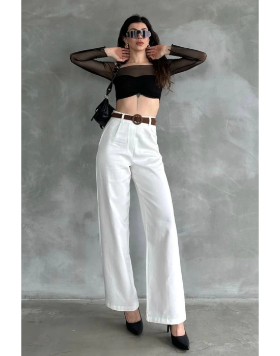 Kadın Beyaz Yüksek Bel Keten Kumaş Rahat Kesim Örgü Kemerli Palazzo Pantolon